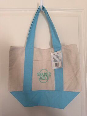 Trader Joe's Mini Pastel Canvas Tote Bag Blue NWOT